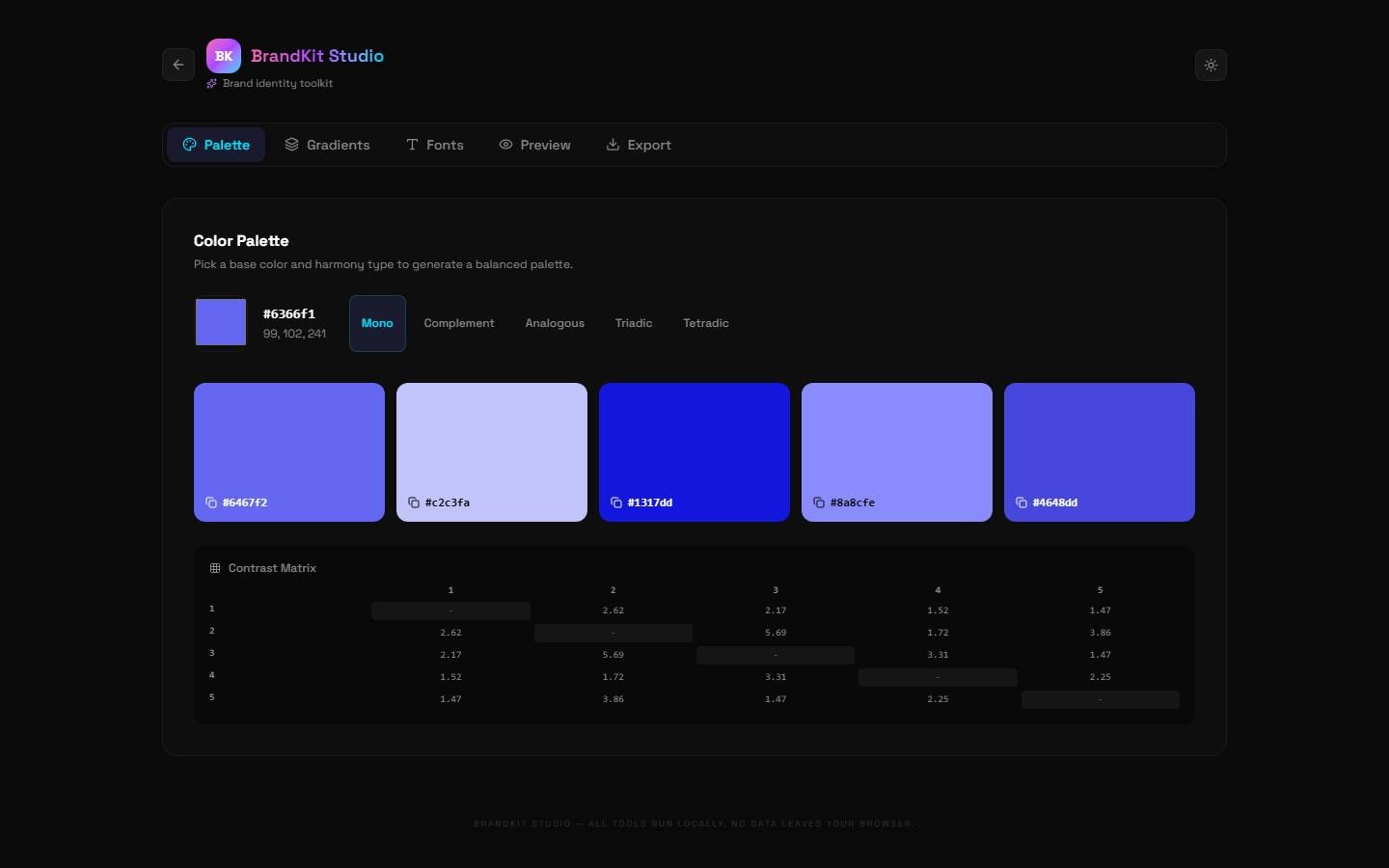 BrandKit Studio — brand identity toolkit with color palette generator, gradients, font pairings, and CSS export