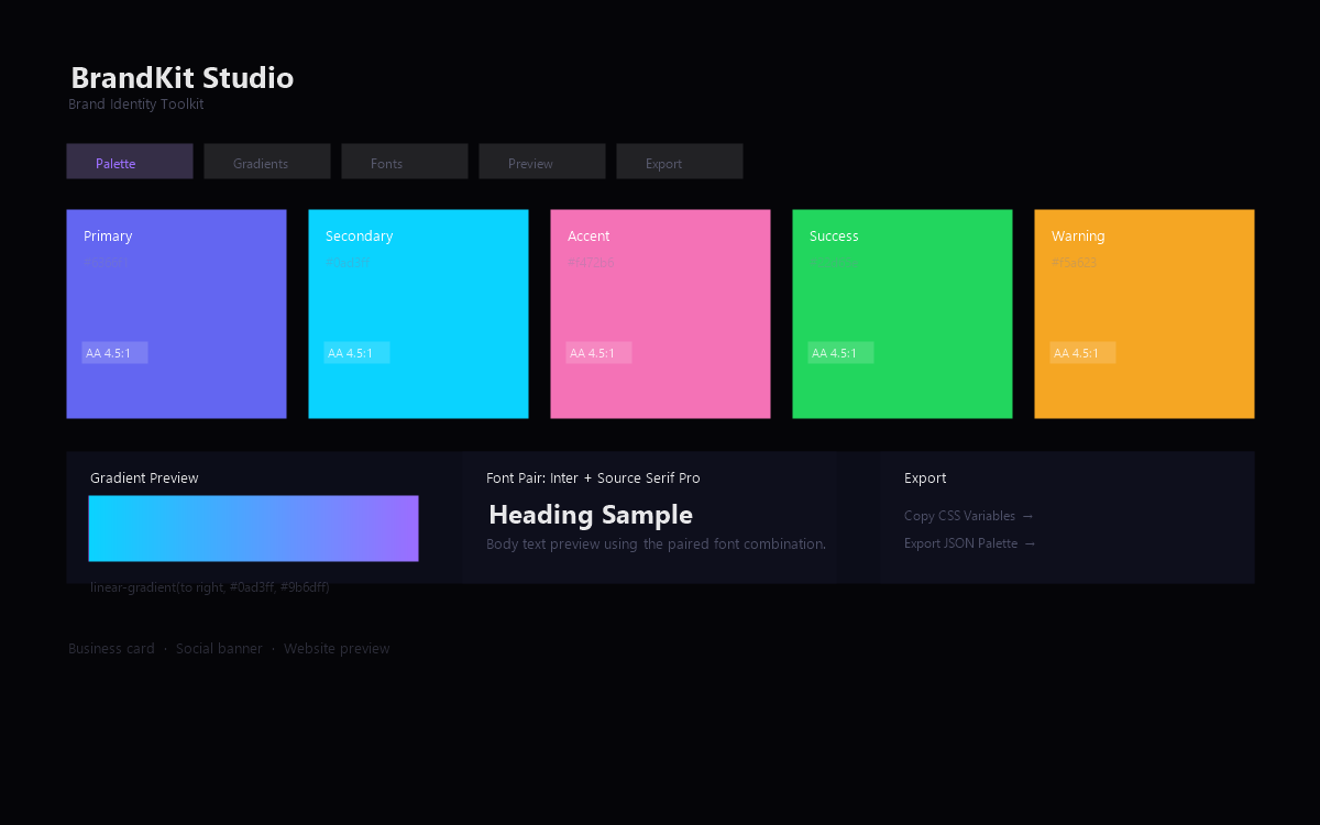 BrandKit Studio — brand identity toolkit with color palette generator, gradients, font pairings, and CSS export