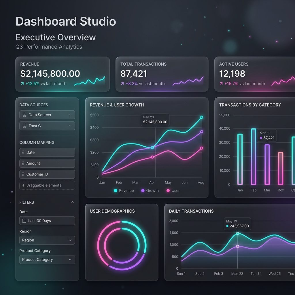 Dashboard Studio — offline CSV analytics dashboard with KPI metrics, interactive charts, and PNG export