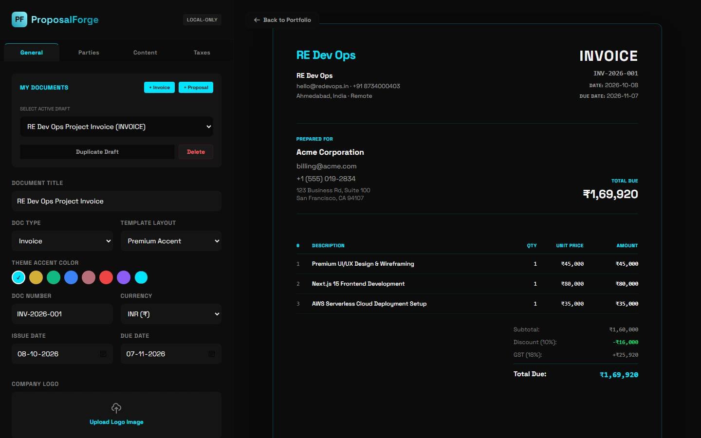 ProposalForge — Next.js invoice generator with GST calculator, logo upload, and PDF export