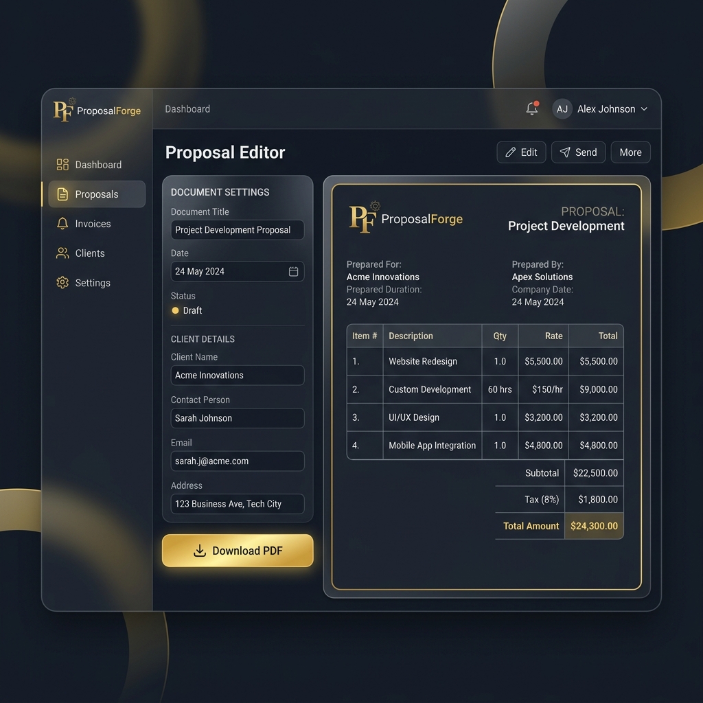 ProposalForge — Next.js invoice generator with GST calculator, logo upload, and PDF export