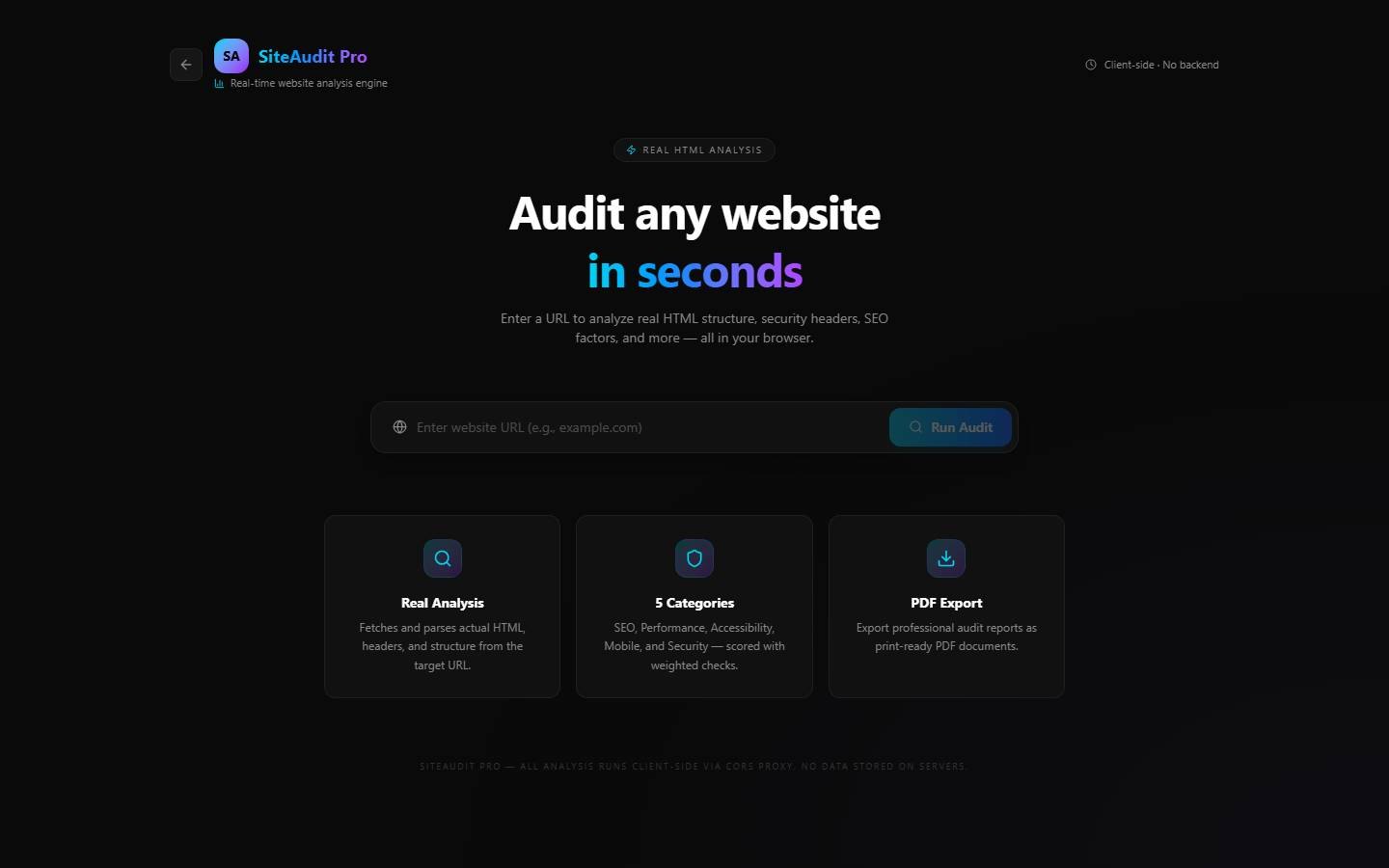 SiteAudit Pro — website audit tool for SEO, performance, accessibility, and security with PDF export