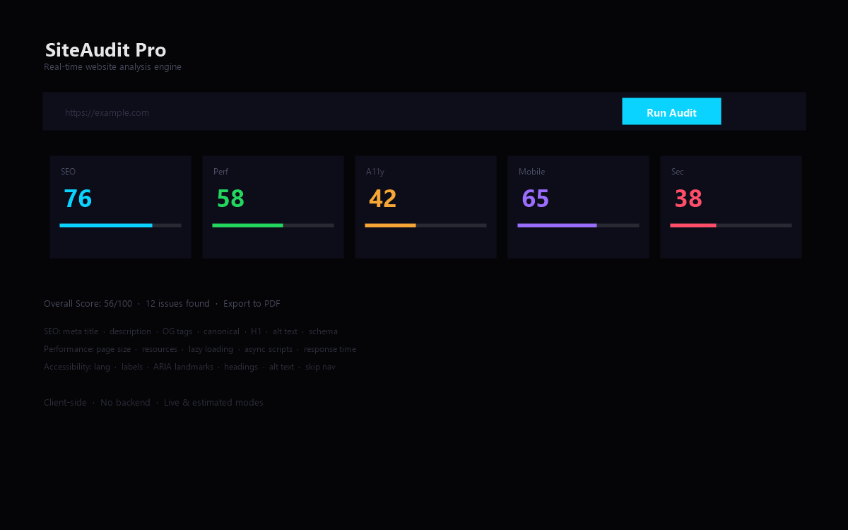 SiteAudit Pro — website audit tool for SEO, performance, accessibility, and security with PDF export